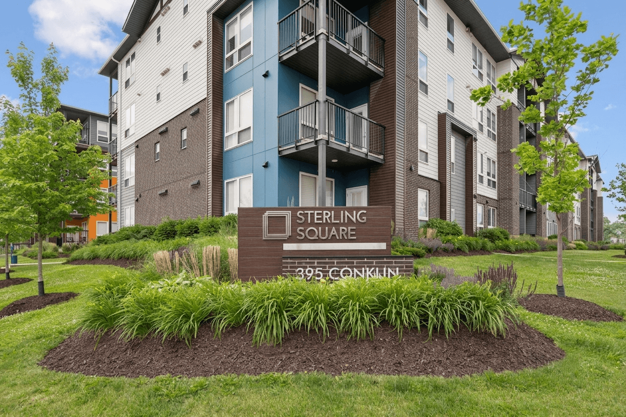 Sterling Square is a residential building with a garden in front.